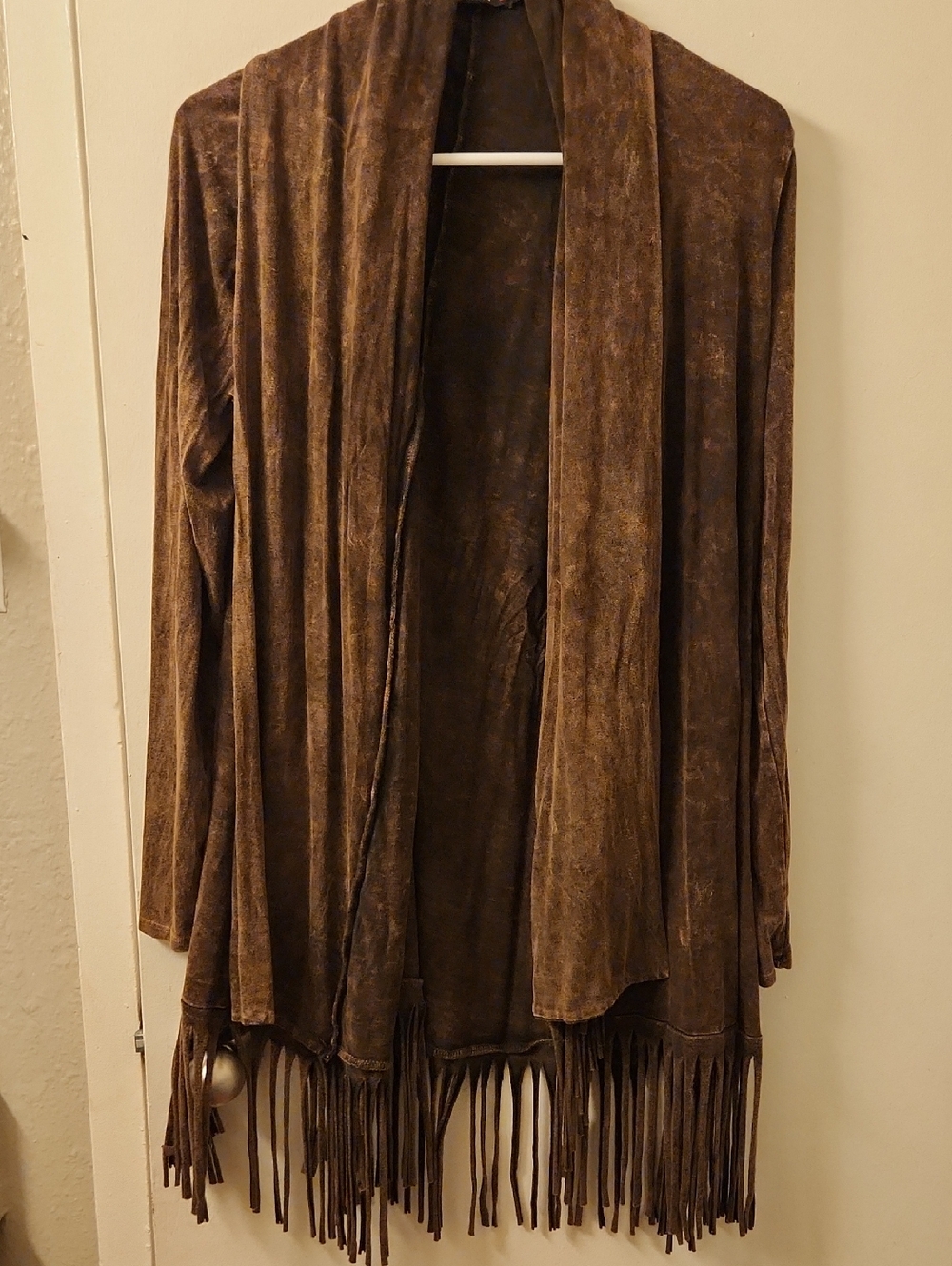 T Party Fashion Brown Suede-Look Open Front Cardigan with Fringe Size L